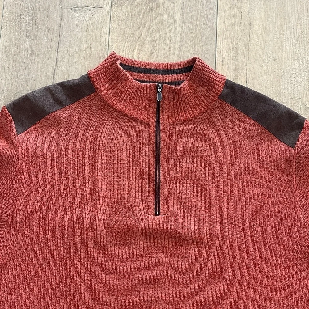 St Croix Quarter Zip Pullover Sweater Size L Wool Blend Orange Brown Elbow Patch